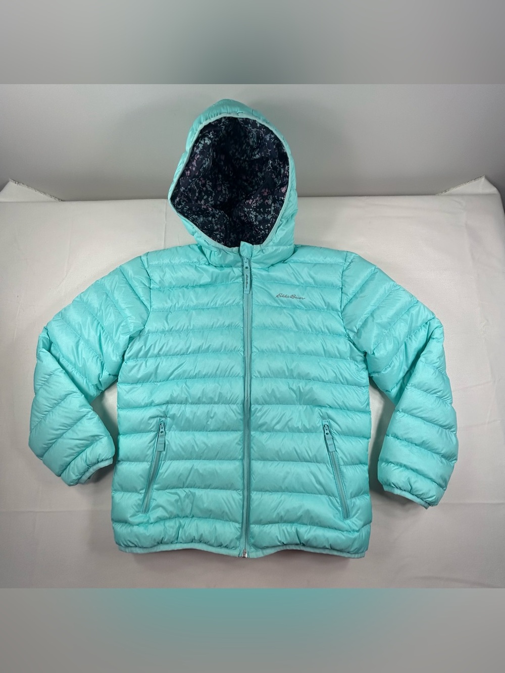 Eddie Bauer Girls Reversible Turquoise /Floral Down Jacket With Hood Size 14/16